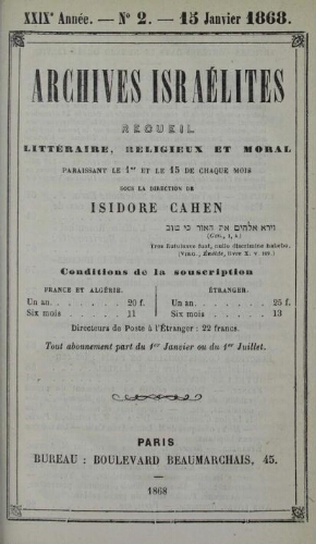 Archives israélites de France. Vol.29 N°02 (15 janv. 1868)